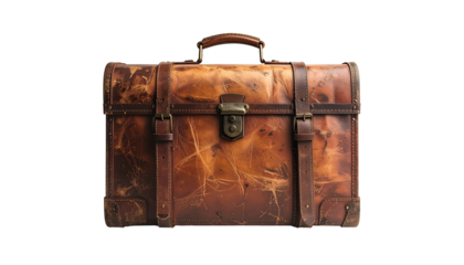 Rustic, worn leather suitcase isolated on a black background. Aged with straps and handle