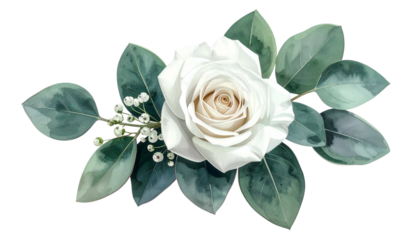 Watercolor floral arrangement white rose with eucalyptus leaves, small white accents