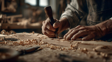 Artisan's Craft: An experienced artisan's hands meticulously carve wood, focusing on detail in a workshop filled with the scent of freshly cut timber, celebrating traditional craftsmanship and skill.