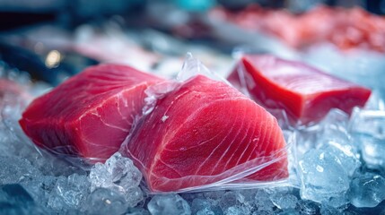 Fresh cuts of tuna are displayed on a bed of ice in a seafood market. The bright colors show the freshness of the fish. Customers are browsing around the area.