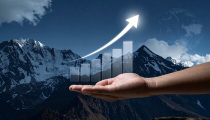 Business growth rising: A human hand gently cradles a glowing upward-trending bar graph, superimposed against a majestic backdrop of snow-capped mountains and a dramatic sky, symbolizing growth.
