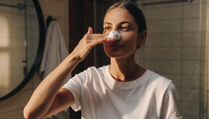 Elegant woman applying face cream in a bathroom mockup scene