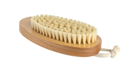 Wooden body brush with natural bristles and rope handle, isolated on black