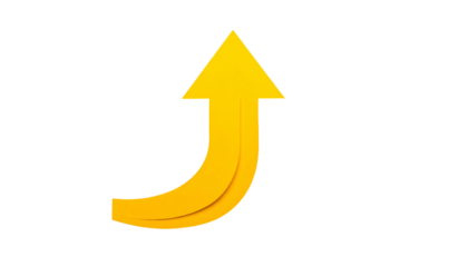 A curved, upward-pointing yellow arrow with a slight shadow effect on a black background