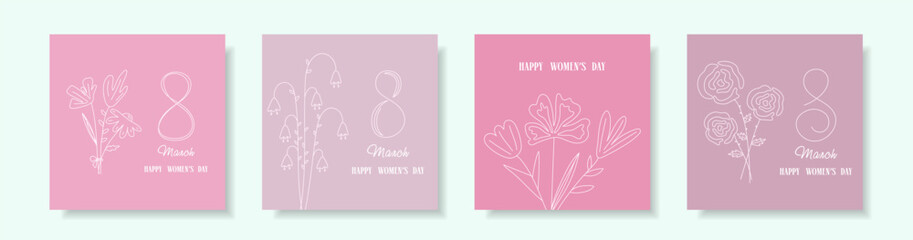 A collection of hand-drawn greeting cards for International Women's Solidarity Day featuring flowers on a pink background.