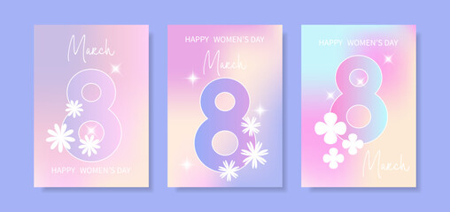 A set of three pastel holographic gradient greeting cards for Women's Day (March 8) with flowers and glitter. Women's Day poster.