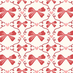 Seamless pattern with red bows, ribbons, and hearts on a light background. Design for Valentine's Day, wedding cards, birthday cards, or holiday gift wrapping.
