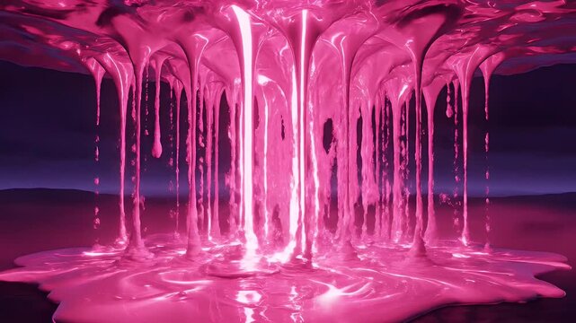 Viscous pink liquid dripping from an unseen surface onto a dark, textured ground.