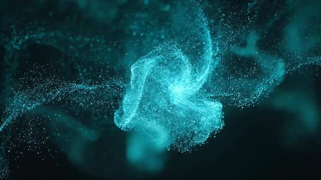 Abstract swirling cloud of glowing turquoise particles in dark space.
