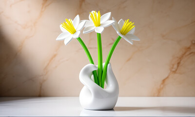 Elegant still life of modern white decorative flowers in a unique sculptural vase on marble.