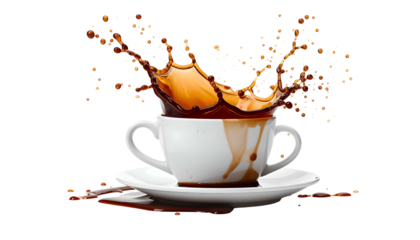 Coffee cup filled, overflowing, with a dynamic splash against a black background