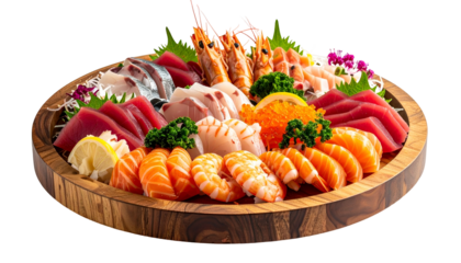 A wooden platter presents a vibrant assortment of fresh sashimi and shrimp, artistically arranged