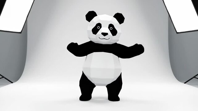 Full-body shot of a standing panda bear with outstretched arms against a plain white background with softbox lights.