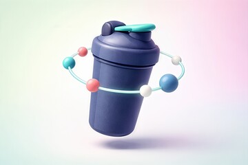 Innovative shaker bottle floating with molecular structure representing health consciousness and fitness lifestyle, designed to resonate with modern wellness trends and sustainability ethos