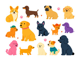 Fototapeta premium Cute Dog Breeds Illustrations. Flat vector Puppies and Pets