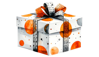 Watercolor style gift box with orange circles and black & white patterned ribbon