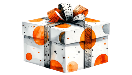 Watercolor style gift box with orange circles and black & white patterned ribbon