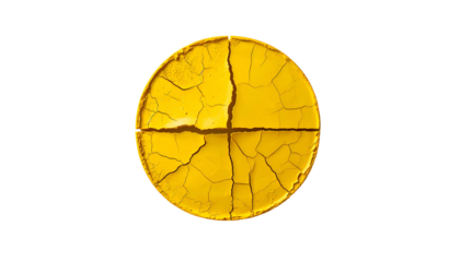 A cracked, circular texture of yellow paint divided into four sections on a black background