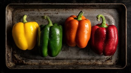 Four bell peppers in different colors sit on a metal tray. The peppers are yellow green orange and red. This setting is in a kitchen where they are prepared for cooking.