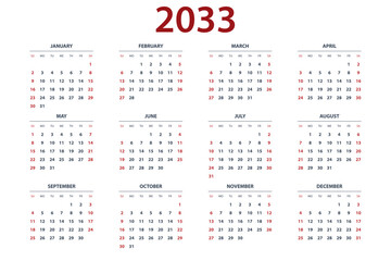 Calendar planner for 2033. Yearly calendar layout with 12 months for each year. Professional planner template for business, office, corporate use, project planning, scheduling, and time management.