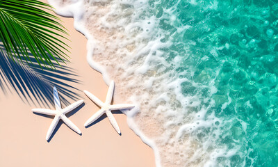 Two white starfish on a tropical sandy beach with palm shadow and turquoise ocean waves