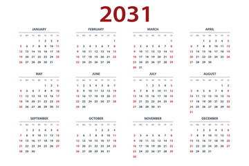 Calendar planner for 2031. Yearly calendar layout with 12 months for each year. Professional planner template for business, office, corporate use, project planning, scheduling, and time management.