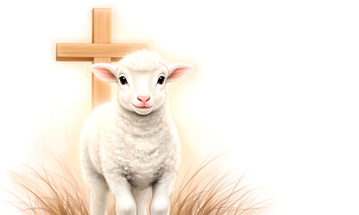 Cute white lamb standing peacefully in front of a shining wooden cross with warm light