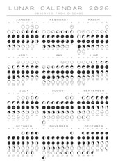 2026 Lunar Calendar Chicago Vector Poster A4 Printable Blueprint Style Scientific Moon Phase Chart Accurate Astronomy Almanac Engineering Schematic Decor Minimalist Month Planner Graphic Illustration