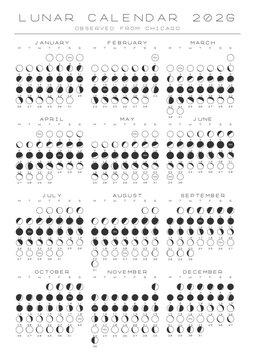 2026 Lunar Calendar Chicago Vector Poster A4 Printable Blueprint Style Scientific Moon Phase Chart Accurate Astronomy Almanac Engineering Schematic Decor Minimalist Month Planner Graphic Illustration