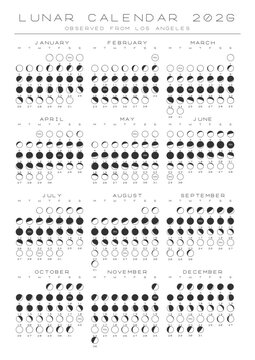 2026 Lunar Calendar Los Angeles Vector Poster A4 Printable Blueprint Style Scientific Moon Phase Chart Accurate Astronomy Almanac Engineering Schematic Decor Minimalist Month Planner Graphic Illustrat