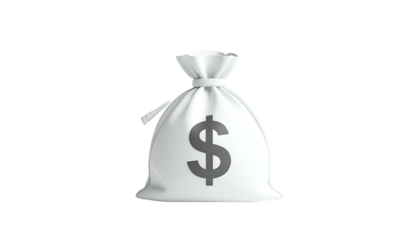 A white money bag with a grey dollar sign on a black background