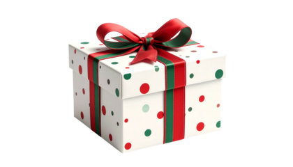 A festive square gift box with polka dots, wrapped with a red and green bow on black background