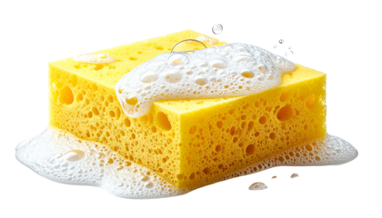 A porous, yellow cleaning tool covered in white soapy foam and bubbles