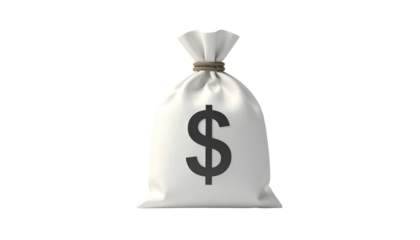 A white tied sack with a dark dollar symbol in the center, isolated on a black background