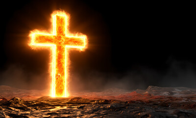 Intense glowing Christian cross shines brightly on a dark mystical landscape, symbolizing faith.