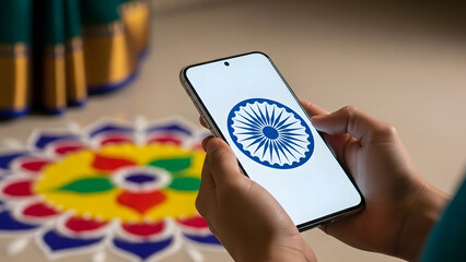 ndian Republic Day Celebration With Smartphone Showing Ashoka Chakra Symbol Over Traditional Colorful Rangoli Background Copy Space