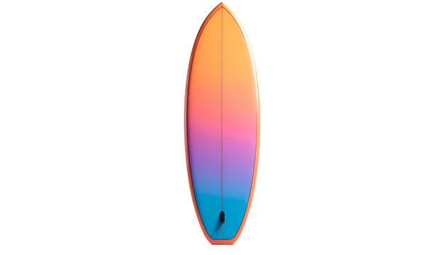 A colorful surfboard with a gradient design, isolated on a stark black background