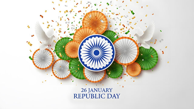 Indian Republic Day Banner Displaying Cluster Of Tricolor Paper Fan With White Pigeon Bird And Confetti