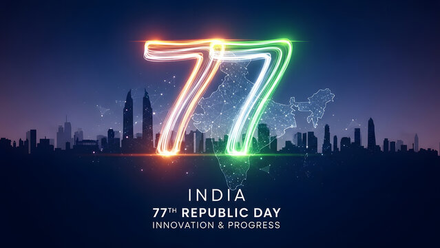 Futuristic City Landmark Silhouette With Glowing Digital Number Seventy Seven Celebrating Indian Republic Day Innovation Progress