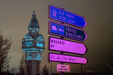 Obraz premium Road signes, driving directions on roundabout, street, highway, travel destination in Champagne, touristic route, France