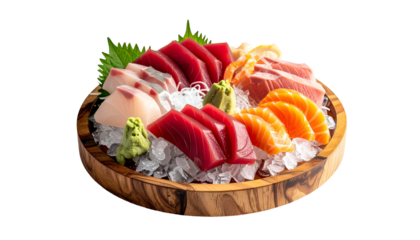 Assortment of fresh sashimi slices on crushed ice, arranged on a wooden platter