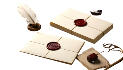 Stacked envelopes with wax seals, quill, inkwell, and paper arranged on dark background
