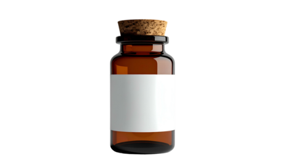 Amber glass vial with cork stopper, blank label, isolated on black background