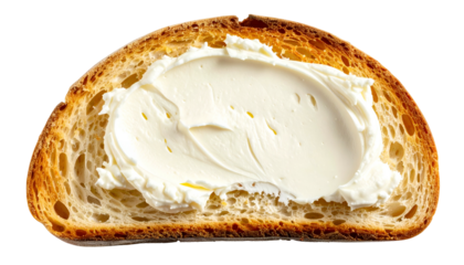 A toasted slice of bread, generously spread with a thick layer of creamy white dairy