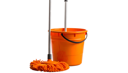 Cleaning tools mop and orange bucket stand against a black background