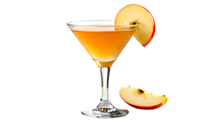 A golden cocktail in a martini glass garnished with apple slices, isolated on black