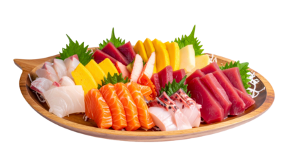 A wooden platter displays an assortment of fresh sashimi slices with garnishes