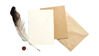 Still life feather pen, sealing wax, white and brown envelopes, blank paper