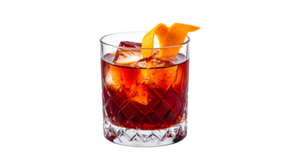 Close-up of a cocktail with ice and an orange peel against black