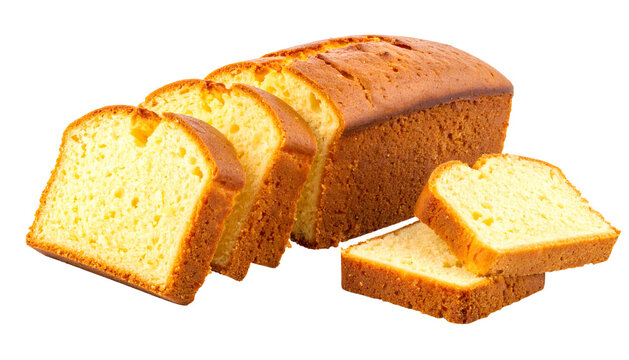 A sliced golden loaf of pound cake with a textured crust, showing moist interior